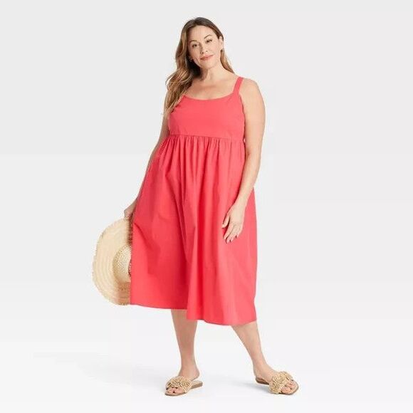 Ava & Viv Women's Midi Empire Waist Dress Coral Red 1X Pockets, Adj Straps NWT - Picture 2 of 3